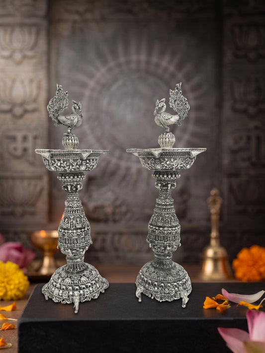 Peacock Nakshi Mayil Kuthuvilakku Deepam Pair – Brass with Antique Silver Finish