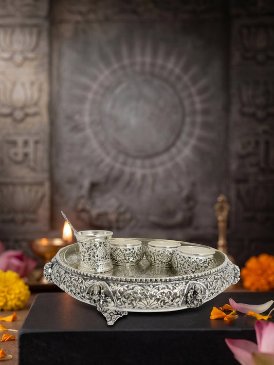 Shri Ashtalakshmi Kachola Pooja Thali Set with 3 Bowls, Panchapatra & Uddarani – Premium Silver Finish