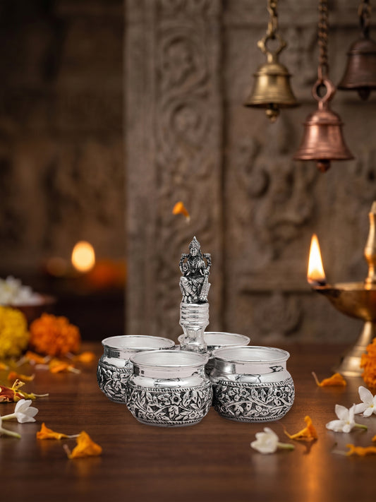 Handcrafted Panchapali Four Bowl Pooja Set with Laxmi Ji – Brass with Premium Silver Finish