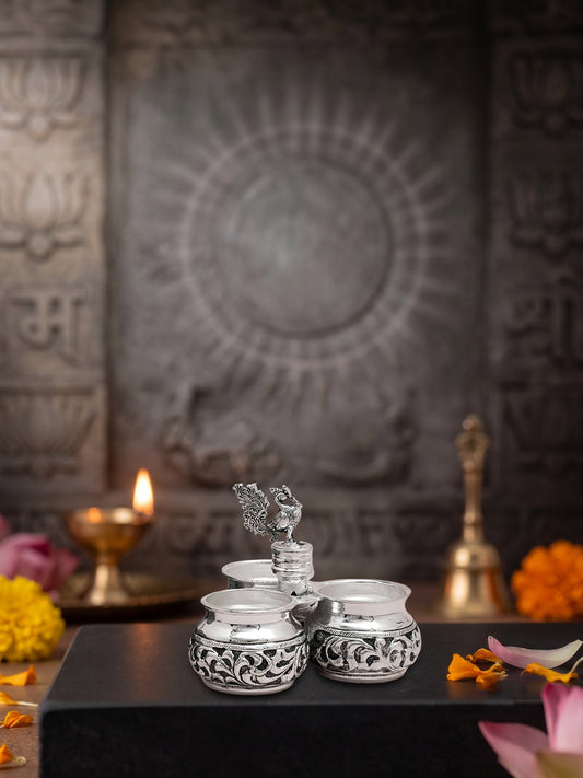 Handcrafted Panchapali Three Bowl Pooja Set – Brass with Premium Silver Finish