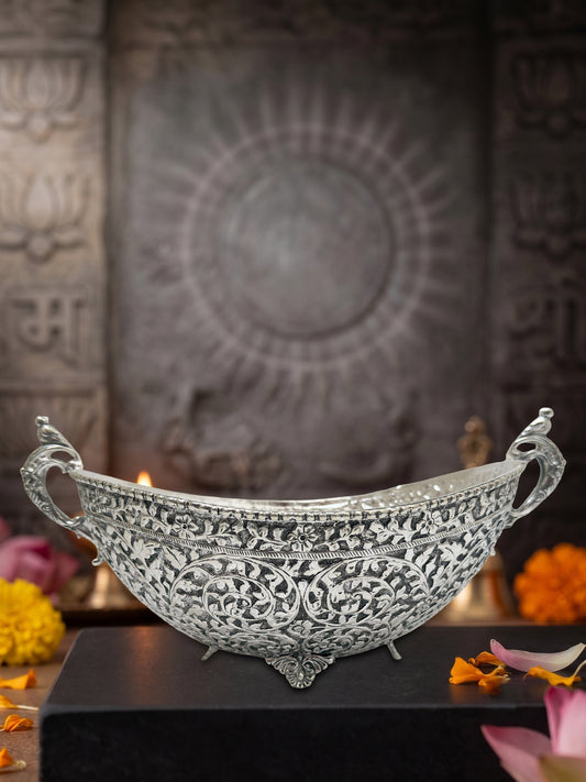 Handcrafted Floral Nakshi Fruit Basket with Peacock – Premium Silver Finish