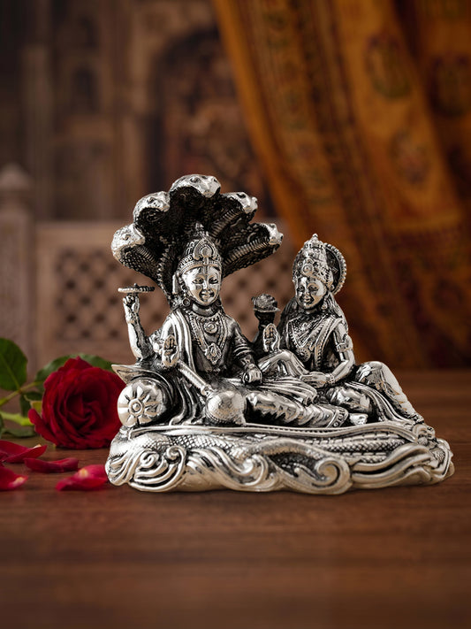 Handcrafted Lakshmi Narayana on Sheshnag (Adishesha) Idol in Brass | Premium Silver Finish | Luxury Home Temple Murti