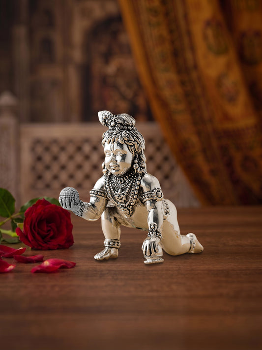 Handcrafted Crawling Laddu Gopal Idol in Brass | Premium Silver Finish | Luxury Home Temple Murti