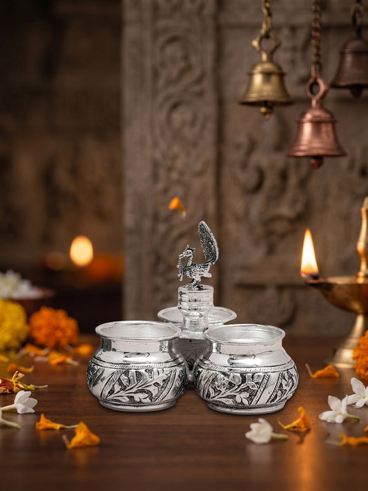 Handcrafted Panchapali Three Bowl Pooja Set – Brass with Premium Silver Finish