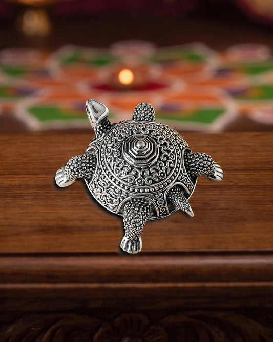 Handcrafted Nakshi Tortoise – Brass with Premium Silver Finish | Vastu, Prosperity & Good Fortune