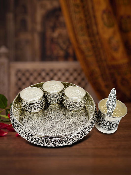 Handcrafted Kachola Pooja Thali Set with Three Bowls, Panchapatra & Uddarani – Premium Silver Finish
