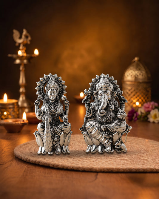 Handcrafted Lakshmi Ganesha Idol Pair with One Leg Down on Lotus in Brass | Premium Silver Finish | Divine Home Temple Murti Set