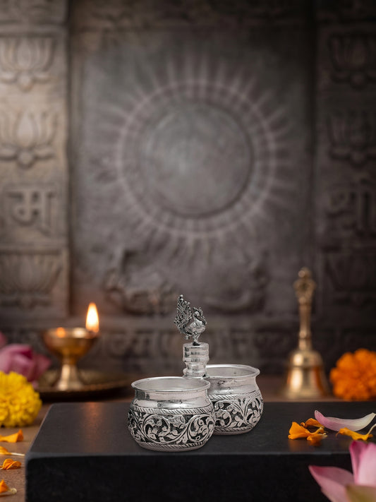 Handcrafted Panchapali Two Bowl Pooja Set – Brass with Premium Silver Finish