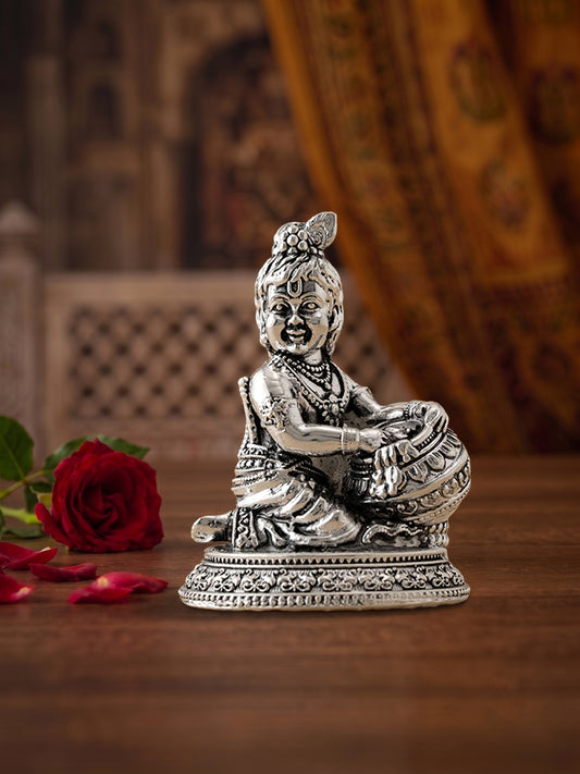 Handcrafted Makhanchor Bal Krishna Idol in Brass | Premium Silver Finish | Luxury Home Temple Murti