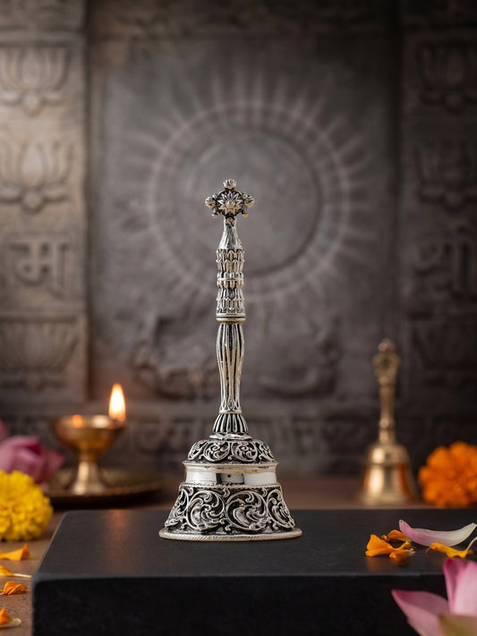 Handcrafted Shankh Chakra Pooja Bell – Brass with Premium Silver Finish | Divine Temple Ghanti