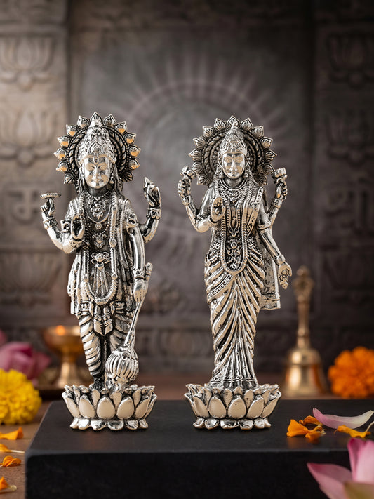 Handcrafted Standing Vishnu Lakshmi Idol Pair in Brass with Premium Silver Finish | Divine Home Temple Murti Set