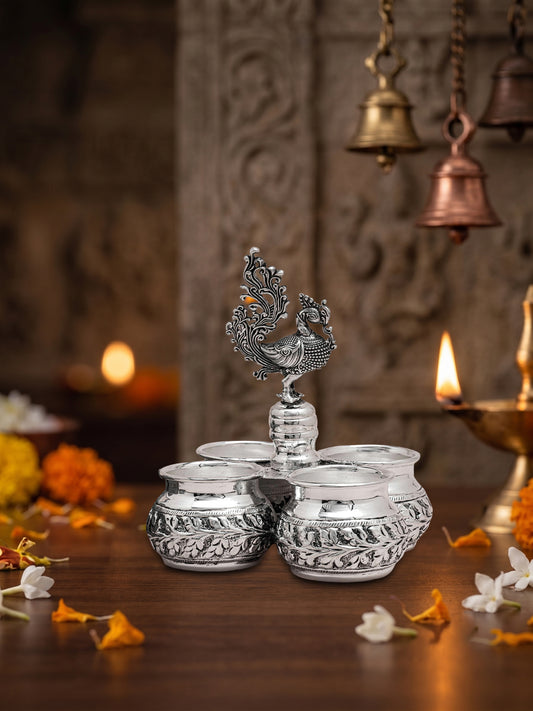 Handcrafted Panchapali Four Bowl Pooja Set – Brass with Premium Silver Finish