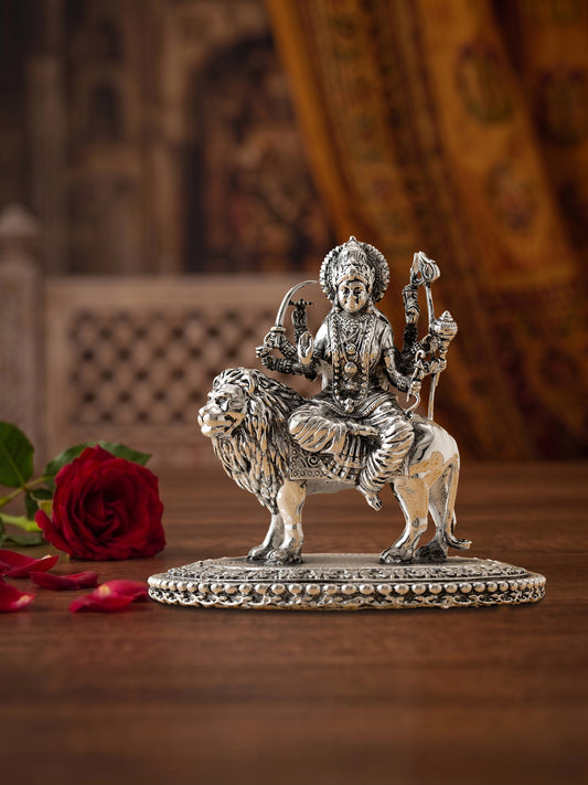 Handcrafted Maa Durga Seated on Lion (Simha Vahini) Idol in Brass | Premium Silver Finish | Luxury Home Temple Murti
