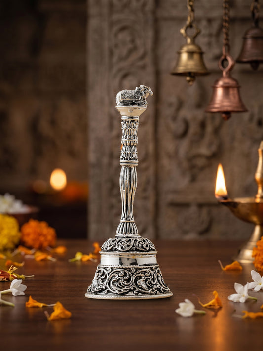 Handcrafted Kamdhenu Temple Bell (Ghanti) in Brass | Premium Silver Finish | Luxury Pooja Essential