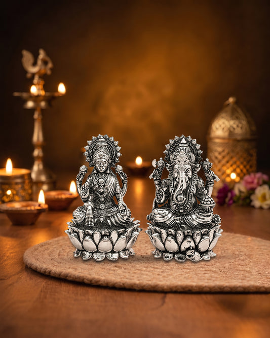 Silver Plated Laxmi Ganesh Murti on Lotus Base | Antique Finish Lakshmi Ganesha Idol Set for Pooja Room