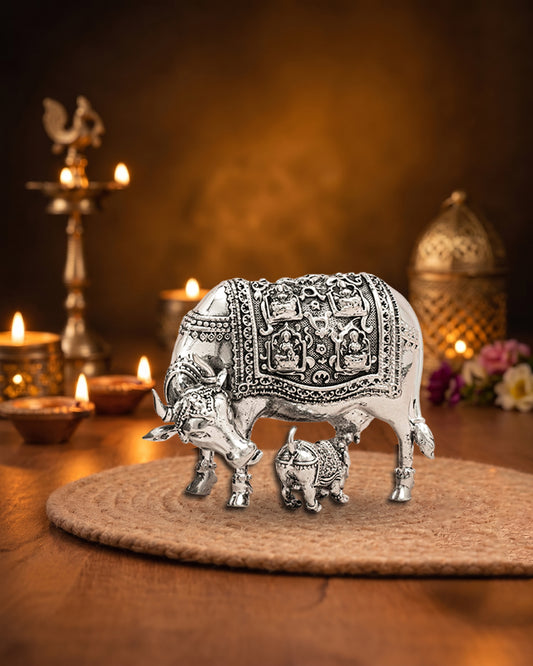 Brass Kamadhenu Cow & Calf Featuring Ashtalakshmi | High Silver Finish