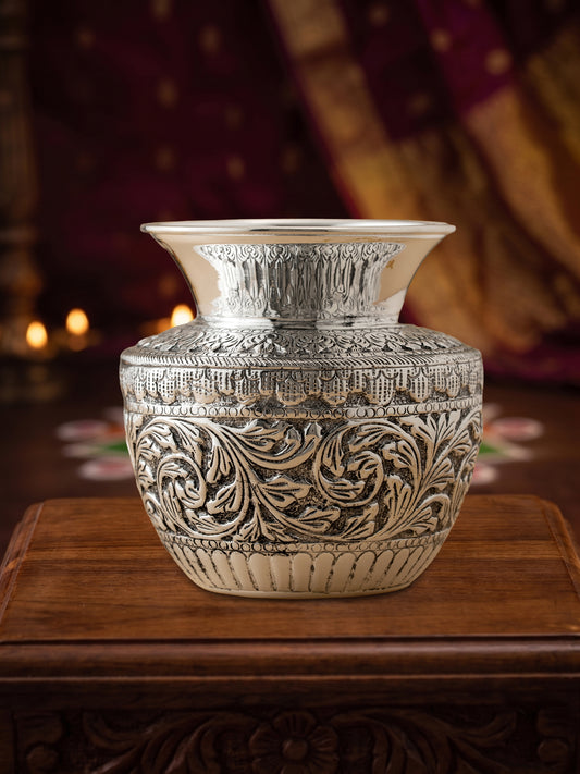Handcrafted Hathras Chitai Brass Kalash – Brass with Premium Silver Finish | Traditional Gangajal & Pooja Kalash