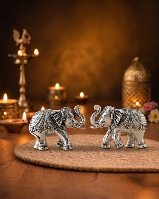 Handcrafted Royal Elephant Pair with Decorative Carpet in Brass | Premium Silver Finish | Luxury Vastu Décor