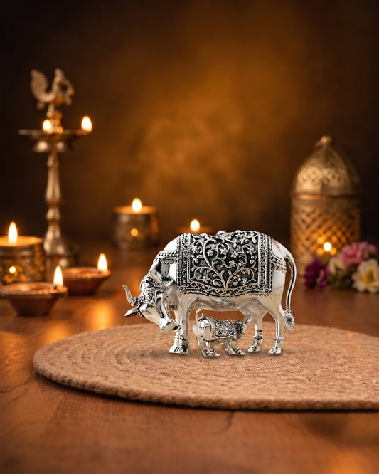 Handcrafted Nakshi Kamdhenu Cow & Calf Brass Idol with High Silver Finish | Premium Home Temple & Décor