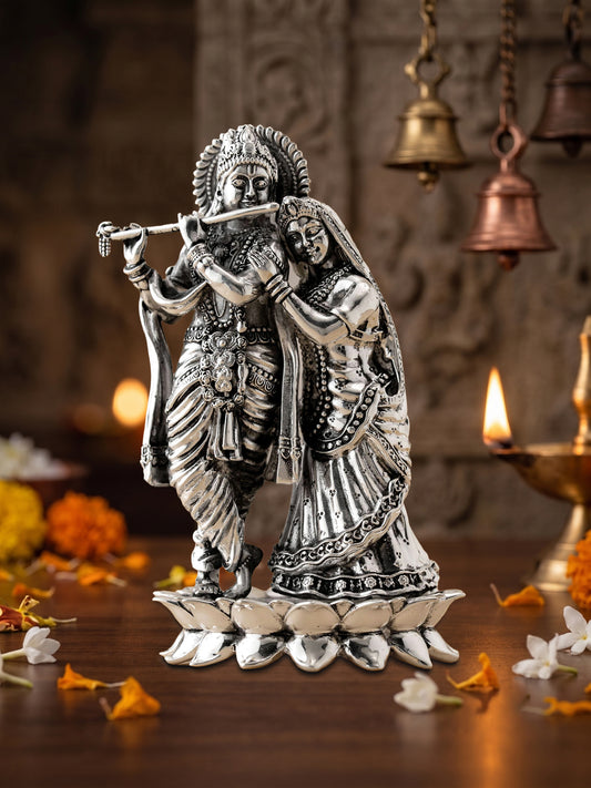 Handcrafted Standing Radha Krishna Idol with Divine Flute in Brass | Premium Silver Finish | Luxury Home Temple Murti