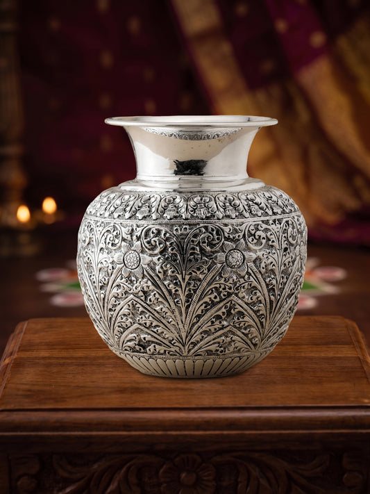 Handcrafted Hathras Chitai Brass Kalash – Brass with Premium Silver Finish | Traditional Gangajal & Pooja Kalash