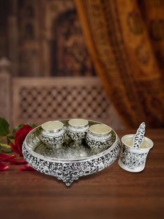 Handcrafted Kachola Pooja Thali Set with Three Bowls, Panchapatra & Uddarani – Premium Silver Finish