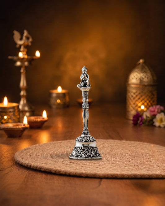 Handcrafted Ram Bhakt Hanuman Temple Bell (Ghanti) in Brass | Premium Silver Finish
