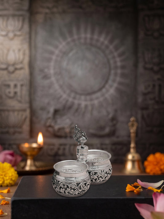 Handcrafted Panchapali Two Bowl Pooja Set – Brass with Premium Silver Finish