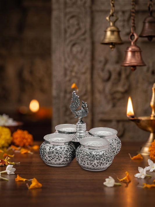 Handcrafted Panchapali Four Bowl Pooja Set with Annapakshi – Brass with Premium Silver Finish