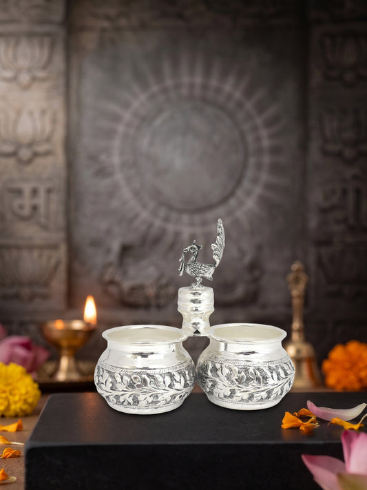 Handcrafted Panchapali Two Bowl Pooja Set – Brass with Premium Silver Finish